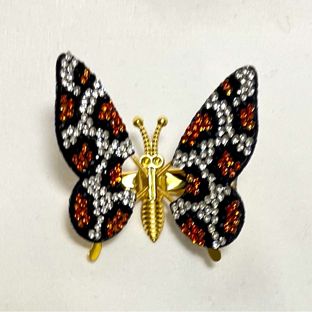 Butterfly Barrets (2) NIP, golden base with amber/ black rhinestones, wings move